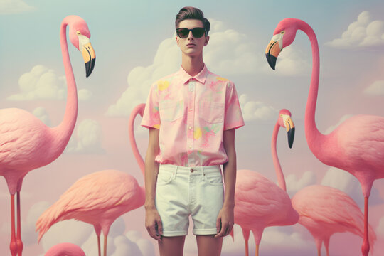Young boy wearing white shorts posing with flamingo birds