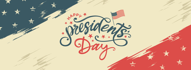 Presidents day banner, text, clipart with abstract, vintage, american flag background, vector, card, retro, logo, graphic for Presidents day flyer, sale, web, social media, post, header, cover, US - obrazy, fototapety, plakaty