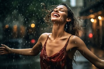 Joyful Dance in the Rain. Young Woman Dancing Happily in the Refreshing Rainfall.