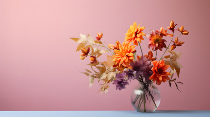 vase with colorful flowers on a soft colored background