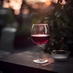 Fotobehang Glass of red wine on the table outdoors on blurred garden background © tynza