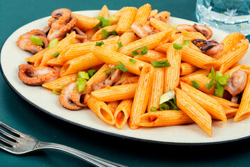 Seafood pasta with octopus.