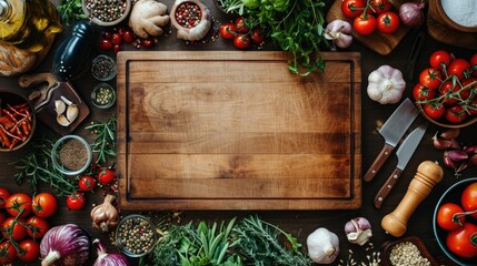 Empty chopping board with fresh vegetables, herbs, spices, and cooking tools on a wooden table.