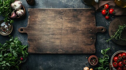 Empty chopping board with fresh vegetables, herbs, spices, and cooking tools on a wooden table.