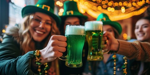 Friends in green hats celebrate St. Patrick's Day in a pub, glowing gerdyands in the background, banner