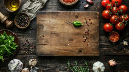 Empty chopping board with fresh vegetables, herbs, spices, and cooking tools on a wooden table.
