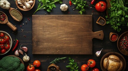 Empty wooden chopping board surrounded by fresh vegetables, herbs, spices, olive oil, and cooking utensils on a dark table. - Powered by Adobe