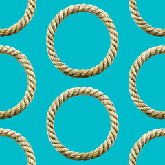 Seamless pattern watercolor Rope knot round. Ropes, rounded borders, decorative circles of marine cable frame. Endless loop twisted illustration. Nautical knot circle diagonal on blue green background
