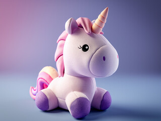 Cute kawaii squishy unicorn plush toy with realistic texture and visible stitch line. Soft and smooth background lighting. 