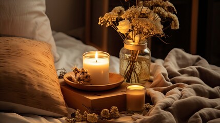 Fototapeta na wymiar Cozy Candlelit Corner with Delicate Dried Flowers