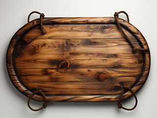 Wooden oval board, with joinery details, looking like old wood, with corners tied with rope, 3D, details, 8k, hyper realistic, white background