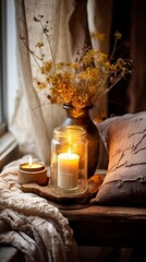 Obraz na płótnie Canvas Cozy Candlelit Corner with Delicate Dried Flowers