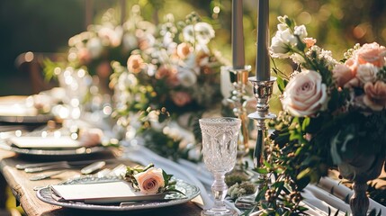 Elegant wedding table setting with a long silver metal candlesticks amidst flower arrangements