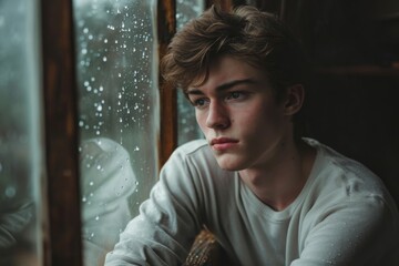 A young man sitting by a window with raindrops, looking thoughtful and contemplative, suggesting introspection