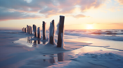 North sea sunset on sylt island sunset over sea,,
Wave breakers on a Dutch beach in sunset