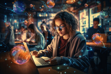 A futuristic image of technologically savvy youth participating in a hackathon, demonstrating their advanced skills and collaborative problem-solving abilities. - obrazy, fototapety, plakaty