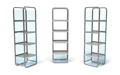 Empty open vertical metal rack with shelves and glass. 3d illustration set isolated on white