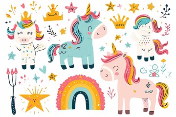 Cute unicorn doodle illustration and Seamless pattern isolated on white background