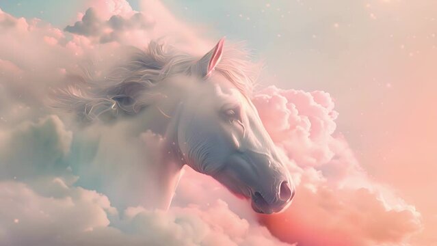 Portrait of a beautiful thoughtful white horse head among flowing floating soft pink clouds on light pastel blue background. Dream fantasy surreal concept