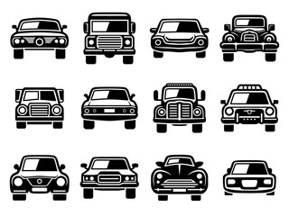 Car black icon set front view. Vehicle collection. Car silhouettes face. Transportation symbol. Vector illustration