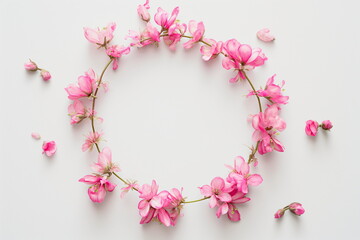 Fototapeta na wymiar Pink wreath of apple, cherry, almond on a white background. Banner template in the style of spring, love, freshness and new life. Concept gift banner, web, card with place for text, copy space