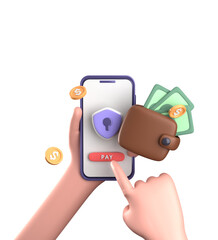 3d rendering of smartphone with hand, 3D pastel business finance icon set.