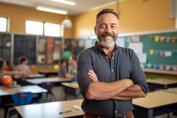 Fototapeta premium Portrait of a blissful man in his 50s donning a trendy cropped top against a lively classroom background. AI Generation