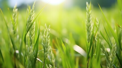 Selective focus on ear of rice. Green paddy field. Rice plantation. Organic rice farm in Asia. Rice...