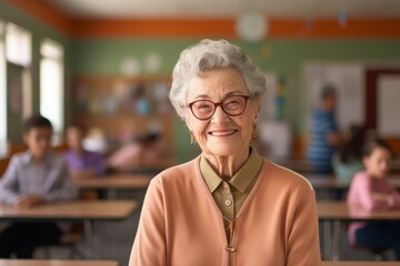 Portrait of a smiling elderly woman in her 90s wearing a sporty polo shirt against a lively classroom background. AI Generation