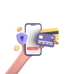 3d rendering of smartphone with hand, 3D pastel business finance icon set.