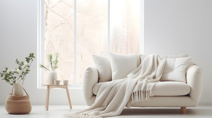 White cushions and cream color blanket on white sofa against of window. Scandinavian style interior design of modern living room, soft pastel colors. 