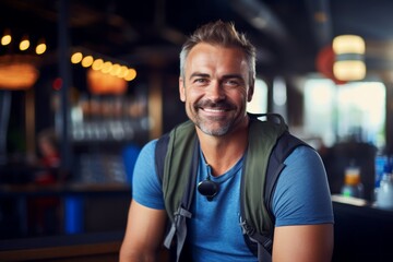Fototapeta premium Portrait of a happy man in his 40s wearing a rugged jean vest against a dynamic fitness gym background. AI Generation