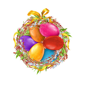 Aquarelle Nest with multicolored Easter Eggs