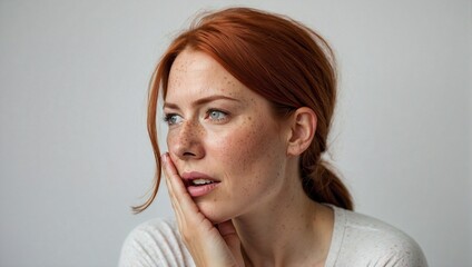 Fototapeta premium Very beautiful 30s woman with freckles and toothache in isolated background, professional studio shot