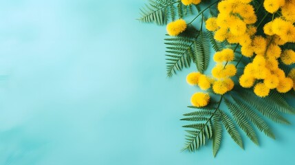 Yellow mimosa flower on turquoise table top view. Spring greeting card for Mothers day, 8 March or Easter.
