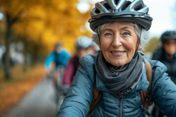 Senior cycling club, with a focus on positive senior woman riding a bicycle, enjoying an active lifestyle