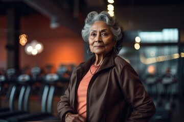 Portrait of a merry indian woman in her 70s dressed in a stylish blazer against a dynamic fitness gym background. AI Generation