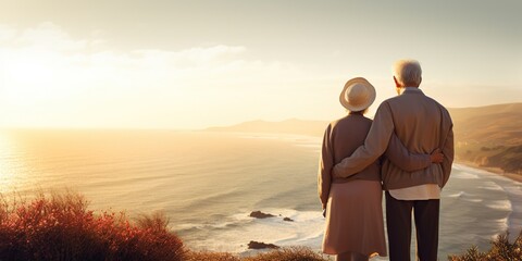 Older couple is standing together, gazing out over the sea , concept of Serene