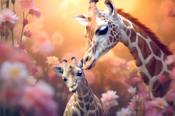 Giraffe Art Cute Mom and Baby Giraffe sitting in garden