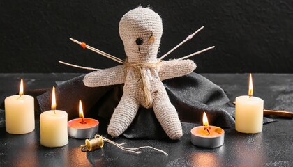 Voodoo doll cult religious rituals, candles. Occultism, esoteric, divination and wicca concept. Magic voodoo doll with needles. Occult spiritual practices. Mystical symbols - obrazy, fototapety, plakaty