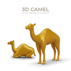 Pair of realistic golden camels. Dromedary in different positions, standing and lying down
