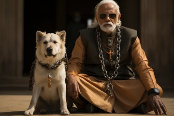 An angry white big dog sits next to a man in the lotus position.