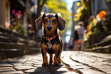 Portrait of a dachshund breed dog in an autumn park.