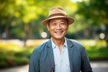 Portrait of a grinning asian man in his 50s donning a classic fedora against a bright and cheerful...