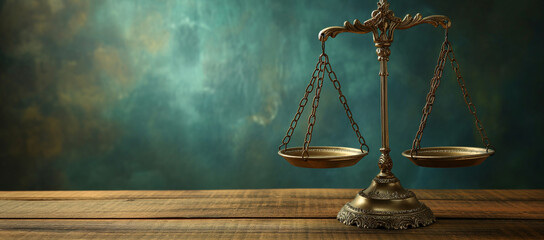 A scale with justice of law and balance of law on wooden background - obrazy, fototapety, plakaty