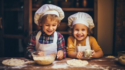 Laughing little girls cook homemade pastry at table covered with flour in home kitchen