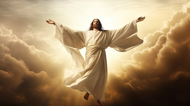 Jesus in robe stands with hands wide raised to heaven calling on people to stop committing sins