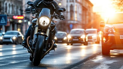 In the heart of the urban landscape, the motorcyclist rides with intensity, embodying the spirit of urban exploration and adventure. Cropped picture. - obrazy, fototapety, plakaty