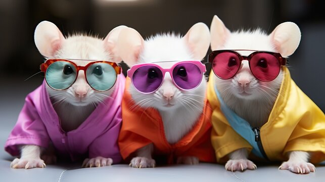 Three stylish rats mouse dressed in colorful jackets with sunglasses on their eyes.