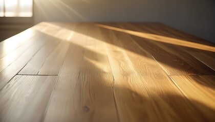 Minimal empty wooden table with sunlight	
